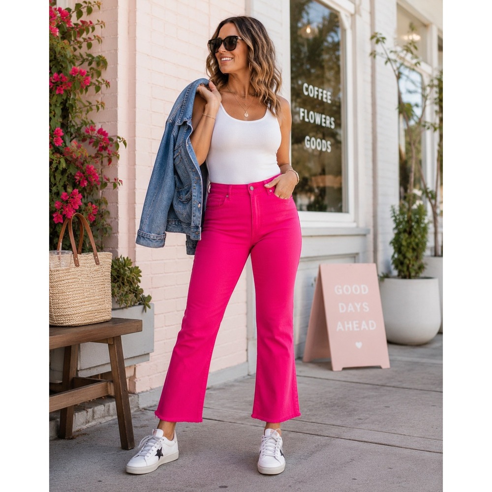 NWT Chic Barbiecore Kick Crop High Rise Pink Raw Hem Flare Jeans Pants Sz 32/14
